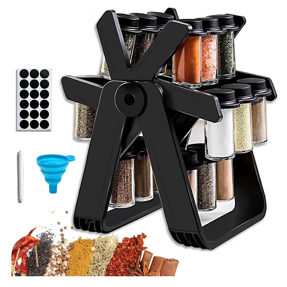 Rotating Spice Rack Set 360° with 18 Jars – Black
