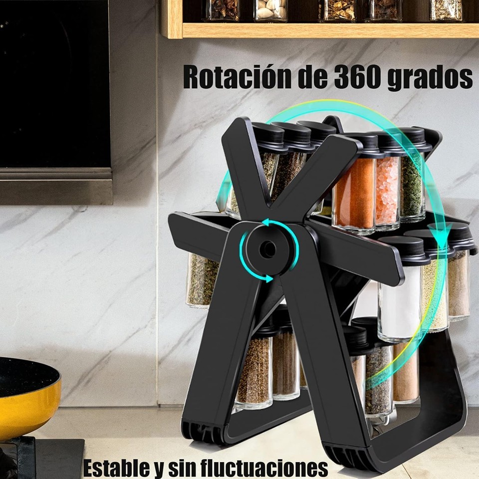 Rotating Spice Rack Set 360° with 18 Jars – Black