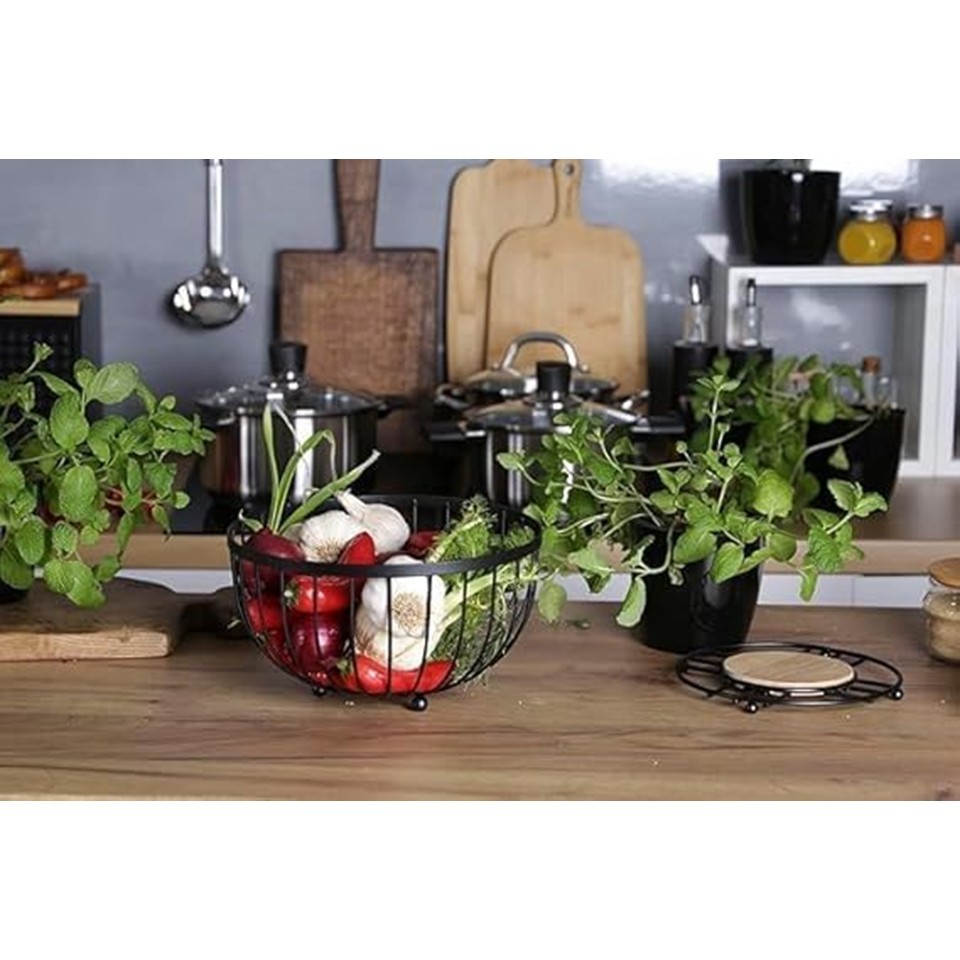 Metal Fruit Basket with Wooden Base – Black
