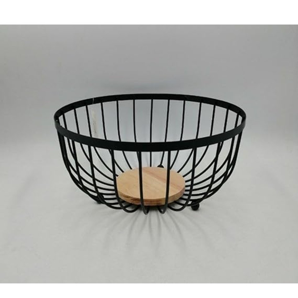 Metal Fruit Basket with Wooden Base – Black