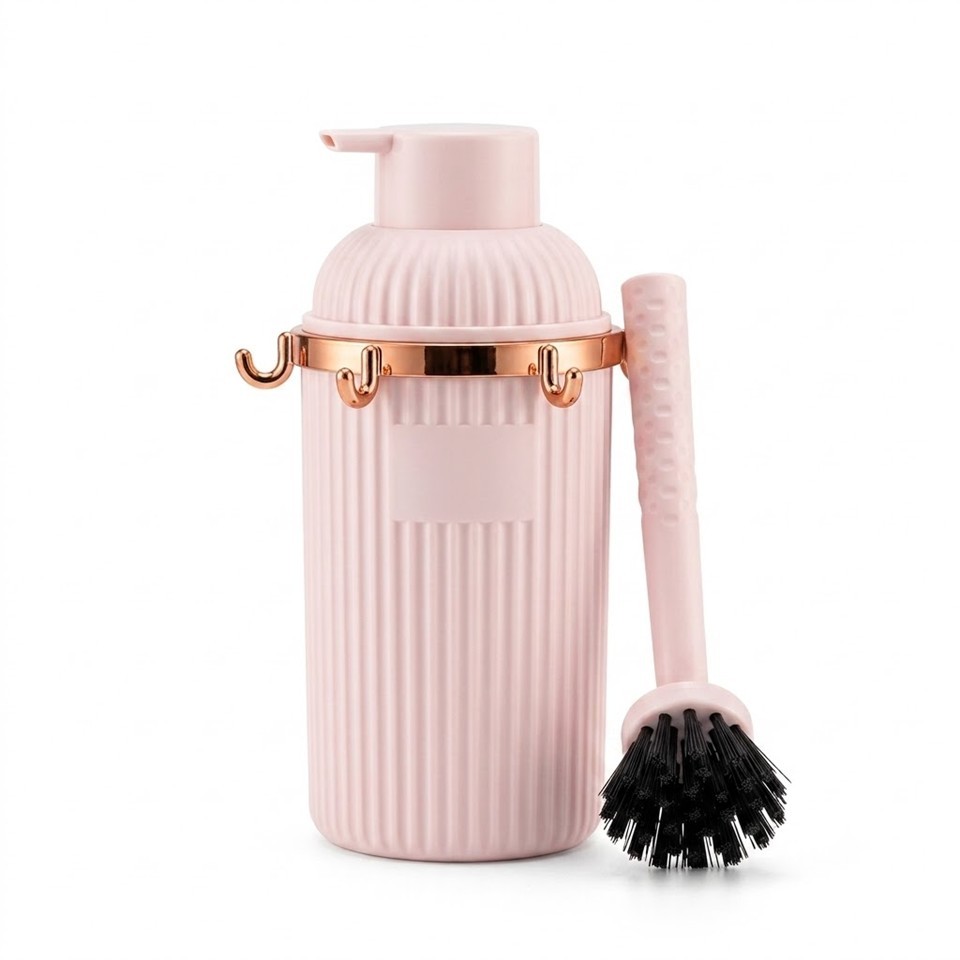 Soap Dispenser with Brush and 6-Hook Holder – Light Pink