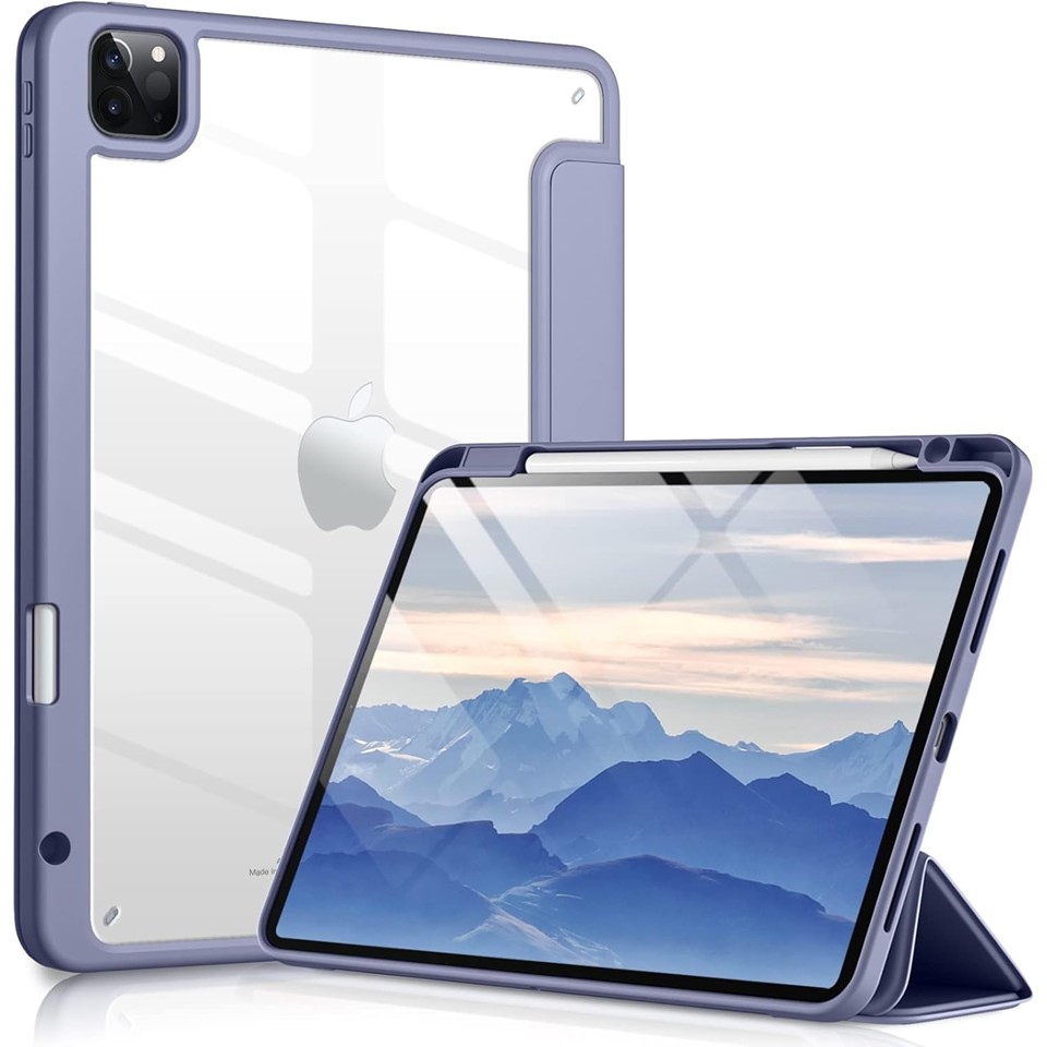 Dirrelo Case with Pencil Holder and Clear Back Cover for iPad Pro - Blue Grey